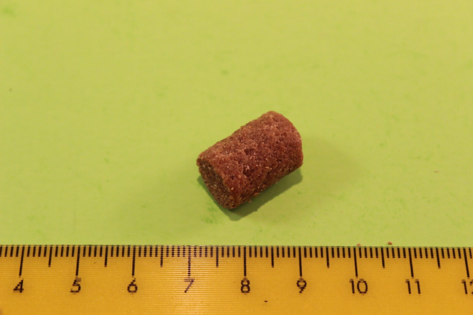 Trainingsleckerli Rind – ein PANYS Trainingshappen Rind, rund 2 cm lang, neben dem Massband