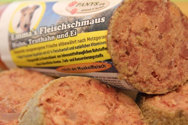 Nassfutter Hund Geflügel – PANYS Emmas Fleischschmaus Hundewurst angeschnitten
