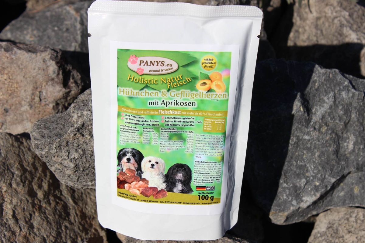 Pouch Hundefutter Huhn – PANYS Holistic Hühnchen und Geflügelherzen mit Aprikose, Beutel 100 g