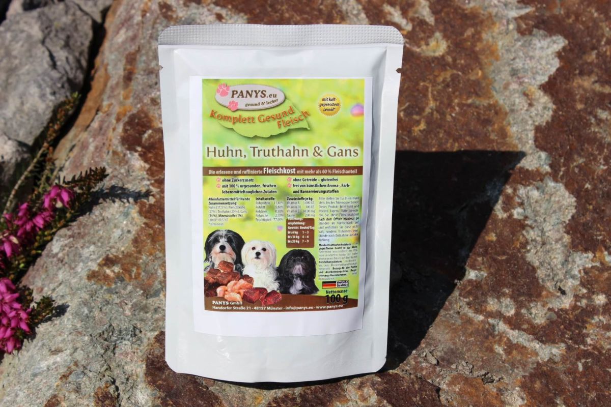 Hundefutter mit Gans – PANYS Komplett Gesund Huhn, Truthahn & Gans, Pouchbeutel 100 g