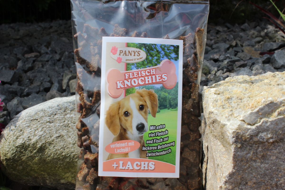 Hundesnack mit Lachs – PANYS Fleischknochies mit Lachs im 200-g-Beutel