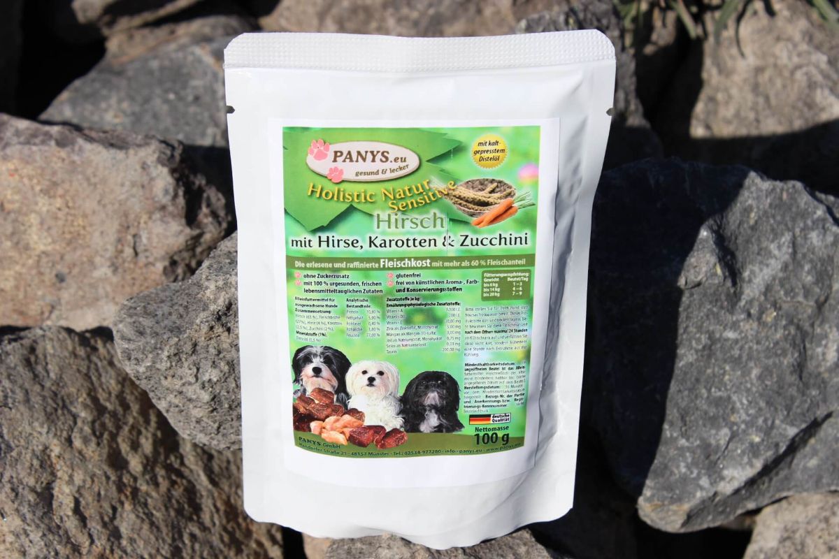 Nassfutter Hirsch für Hunde – PANYS Holistic Hirsch, Hirse & Zucchini Pouchbeutel 100 g